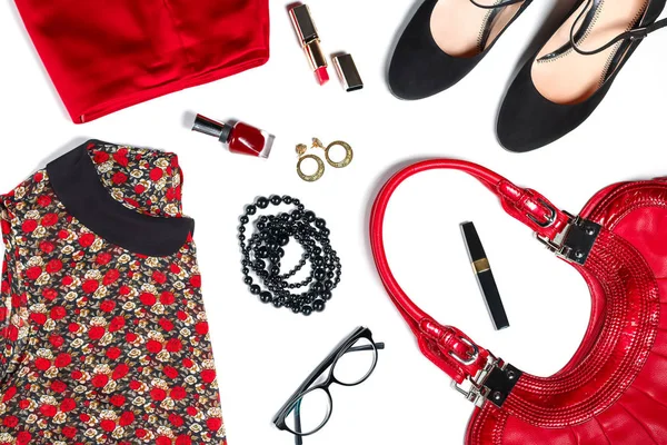 Female clothes, look essentials in red and black