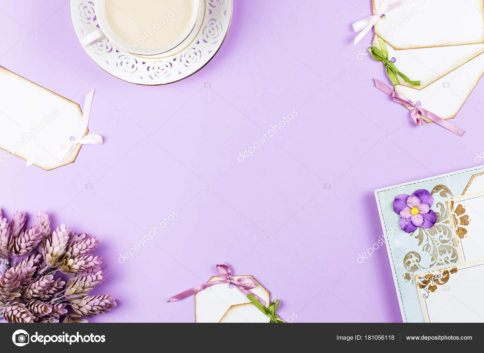 scrapbook background with decoration tea cup flowers on purple