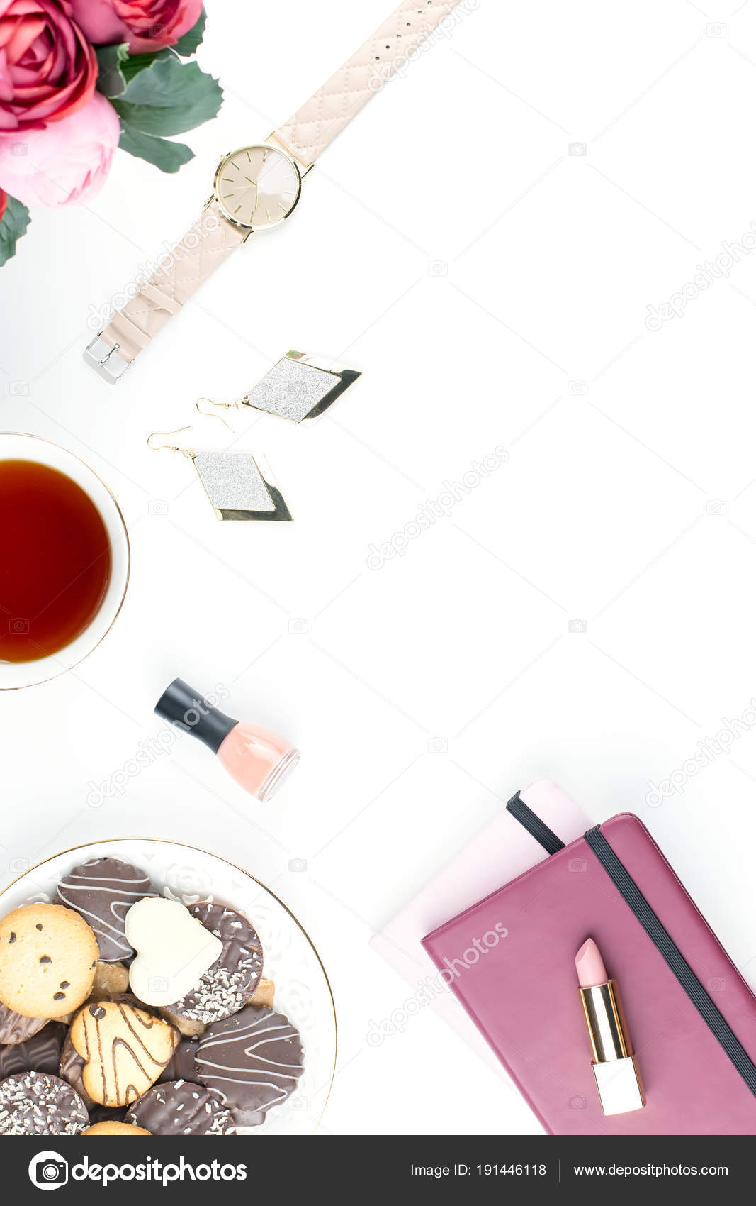 Flat Lay Home Office Desk Feminine Workspace With Diary Flowers