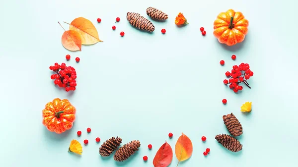 Autumn frame with leaves, rowan berries, orange pumpkins, pine cones on pastel background, flat lay. Fall, thanksgiving concept. Lay out with autumn leaves and plants in fall colors, copy space