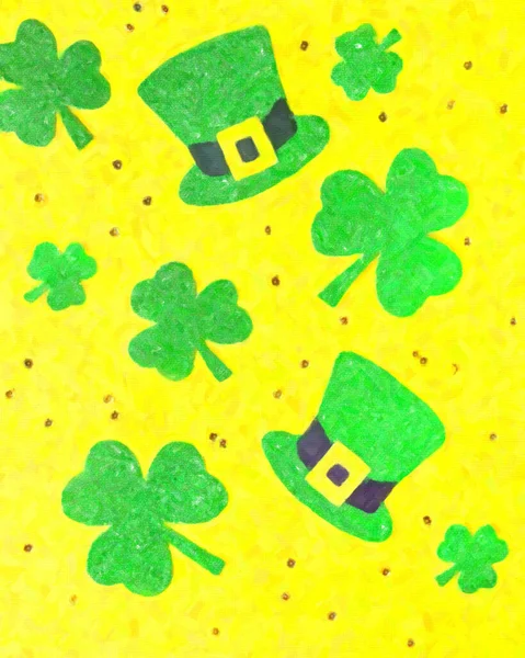 Saint Patricks day holiday card with green shamrock symbols, hat, golden confetti. Traditional St. Patricks Day green attire and decorations on yellow background. Image in oil painting style