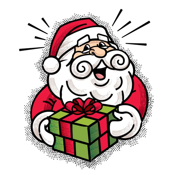 Frohe Weihnachten Retro Illustration Von Weihnachtsmann Mit Weihnachtsgeschenk Retro Vektorcharakter — Stockvektor