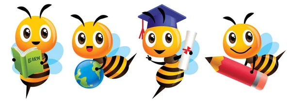 Bee, okul setine dön. Çizgi film şirin arı eğitim maskotu seti. Çizgi film sevimli arı mezuniyeti, elinde bir öğrenme kitabı, elinde bir dünya taşıması, büyük kırmızı bir kalem taşıması - Vektör karakter maskotu seti
