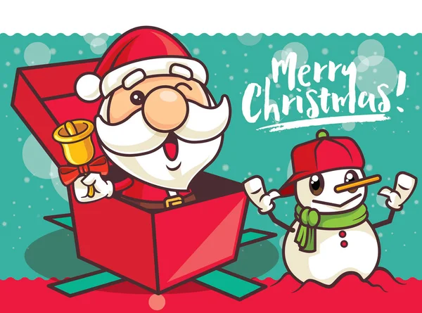 Frohe Weihnachten Weihnachtsmann Mit Weihnachtsglocke Sitzt Geschenkbox Und Wünscht Frohe — Stockvektor