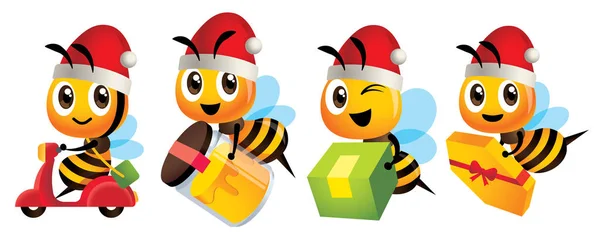 メリークリスマス クリスマスの帽子をかぶって漫画かわいい蜂のマスコット 漫画かわいい蜂は 製品セットを提供します かわいい蜂の乗り物スクーター かわいい蜂は有機蜂蜜のボトルを運ぶ ベクトルキャラクタークリスマスセット — ストックベクタ