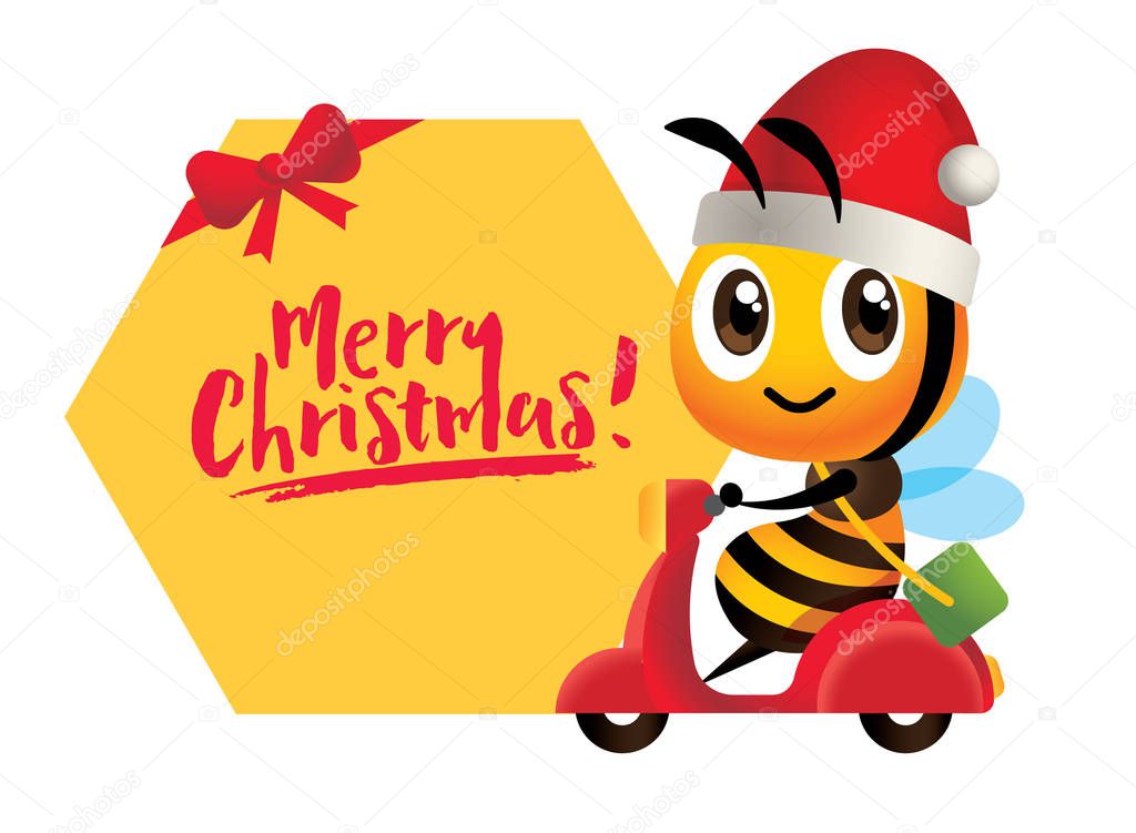 Merry Christmas. Cartoon cute bee rides scooter delivery with big Merry Christmas signboard - vector