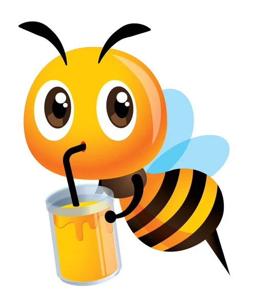 Cartoon Χαριτωμένο Ευτυχισμένη Μέλισσα Πίνοντας Ένα Μεγάλο Ποτήρι Μέλι Ποτά — Διανυσματικό Αρχείο
