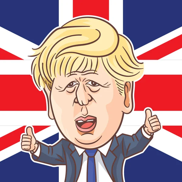 2020年2月7日 Boris Johnson展示了Uk国旗背景的大拇指 鲍里斯 约翰逊矢量漫画 — 图库矢量图片