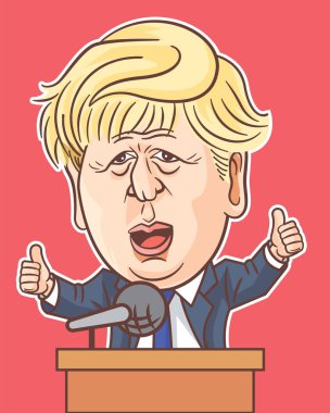 London, UK, 17 Feb, 2020, Boris Johnson Caricature giving speech on stage clipart