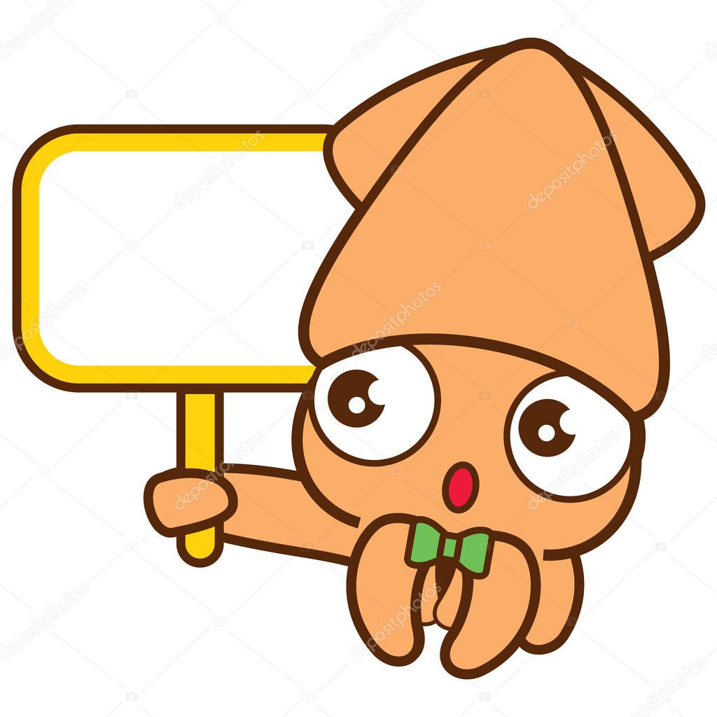 Cartoon cute squid with green bowtie holding big empty signboard - vector character