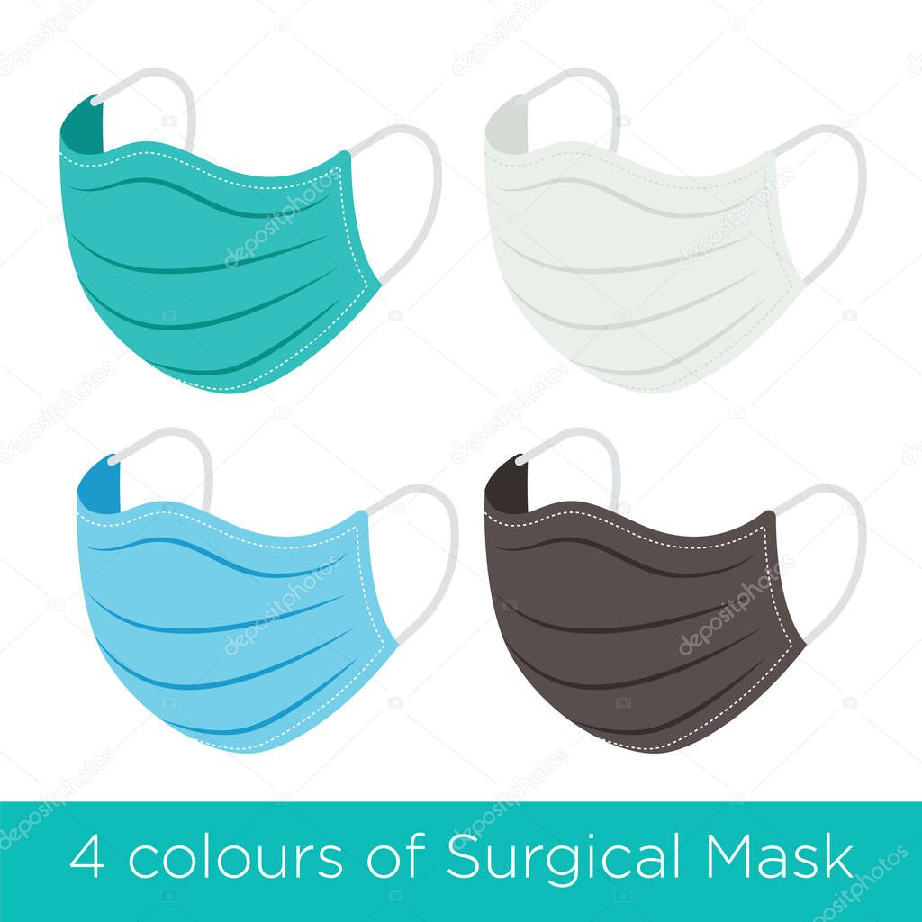 Set of 4 different colours of surgical protective mask to prevent coronavirus. Medical mask of blue colour for protection against flu and other diseases - vector