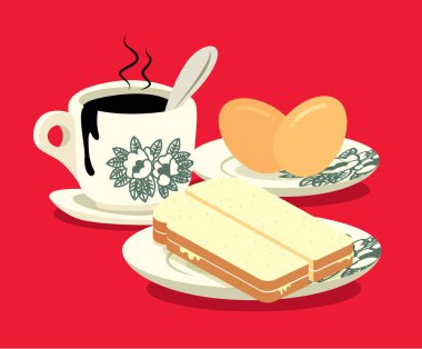 Kahvaltı seti. Geleneksel doğu tarzı kahve, yarım haşlanmış yumurta ve kırmızı arka planda kaya yağlı tost. Nanyang tarzı kahve fincanı ve tabağı. Çevirisi: hindistan cevizi reçeli düz sanat