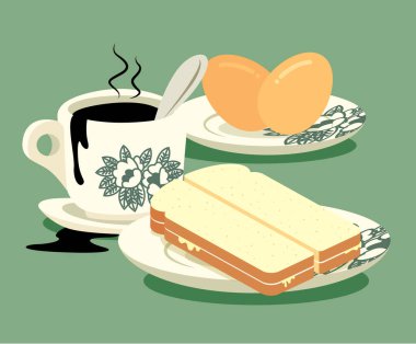 Kahvaltı seti. Geleneksel doğu tarzı kahve, yarım haşlanmış yumurta ve kaya yağlı tost seti. Klasik Nanyang tarzı kahve fincanı ve tabak. Çeviri: hindistan cevizi jambon düz sanat vektörü