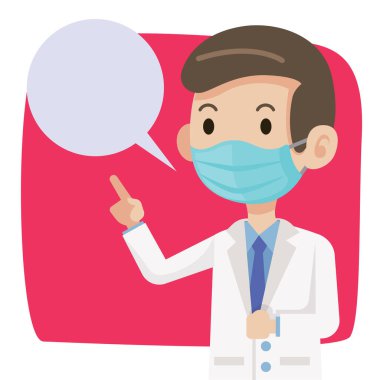 Doktor, Covid-19 virüsüne karşı korunmak için koruyucu bir maske takıyor. Doktor halka, virüs ve bakterilerden korunmak için cerrahi maske takmalarını tavsiye ediyor. - vektör karakter