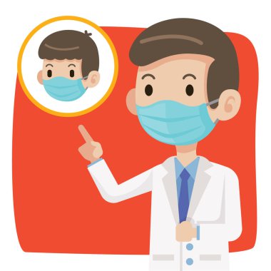 Doktor koruyucu cerrahi maske takıyor ve insanlara Coronavirus Covid-19 - vektör karakter virüsünden korunmak için cerrahi maske takmalarını tavsiye ediyor.