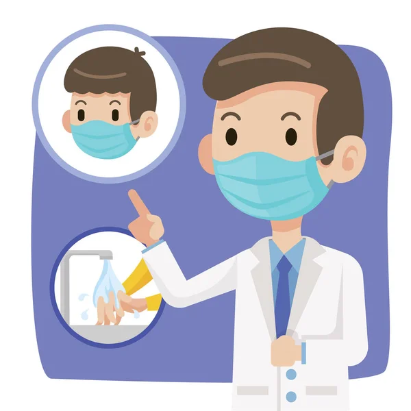 Doktor koruyucu cerrahi maske takıyor ve insanlara cerrahi maske takmalarını ve virüs koronavirüs Covid-19 taşıyıcı karakterine karşı korunmak için ellerini yıkamalarını tavsiye ediyor.