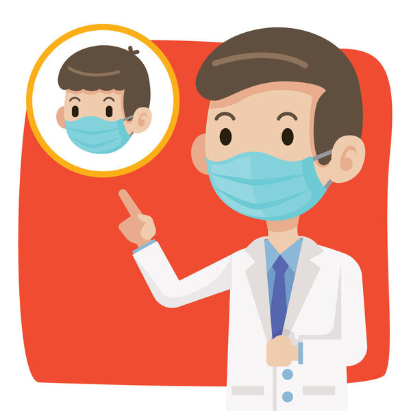 Doctor wearing protective surgical mask and advise people to wear surgical mask to protect against virus coronavirus Covid-19 - vector character