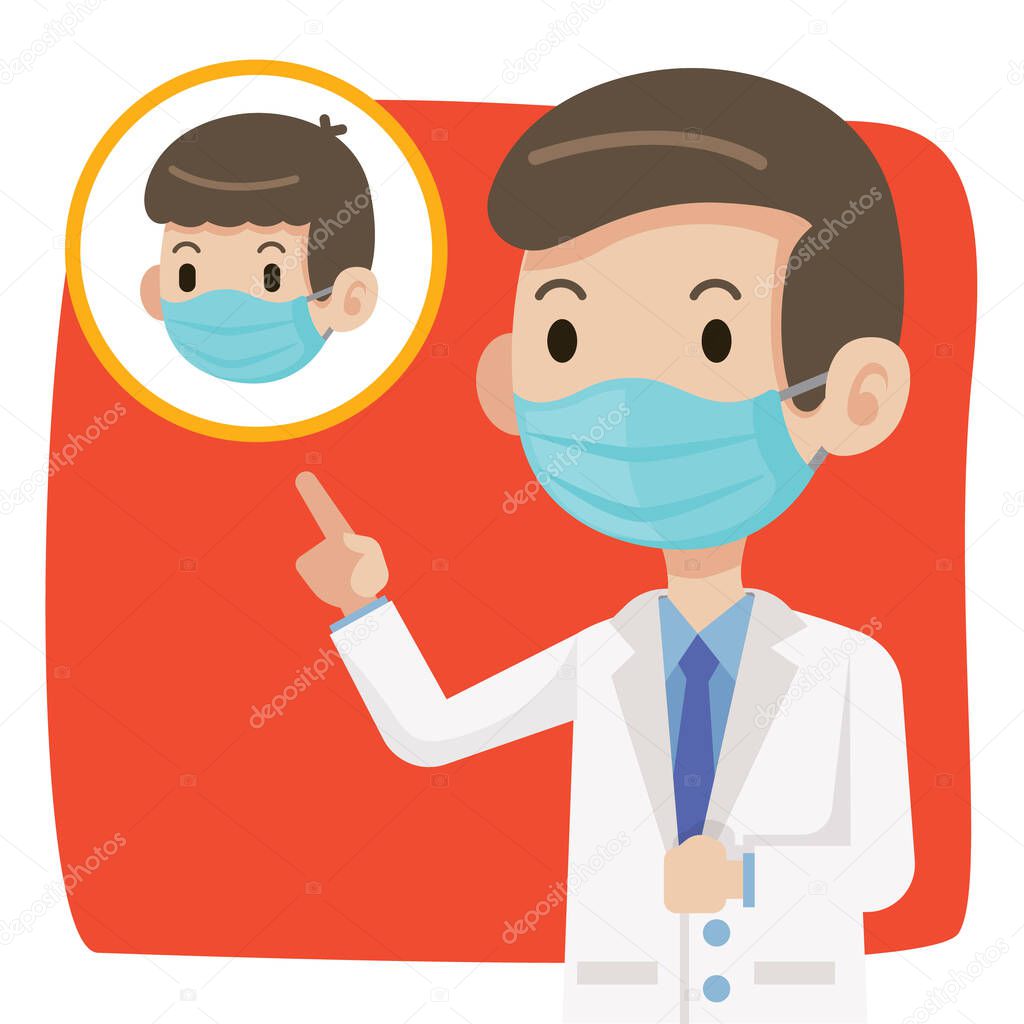 Doctor wearing protective surgical mask and advise people to wear surgical mask to protect against virus coronavirus Covid-19 - vector character