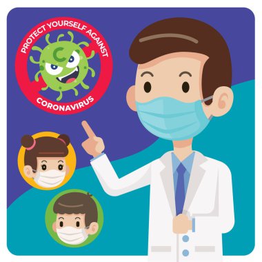 Doktor koruyucu cerrahi maske takıyor ve insanlara Coronavirus Covid-19 - vektör karakter virüsünden korunmak için cerrahi maske takmalarını söylüyor.
