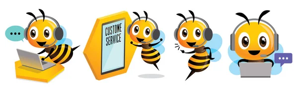 かわいい蜂のマスコットセット漫画 ノートパソコンを使用して顧客と通信するコールセンターで働くヘッドセットで笑顔蜂の演算子 カスタマーサービスの概念 ベクトル文字セット — ストックベクタ