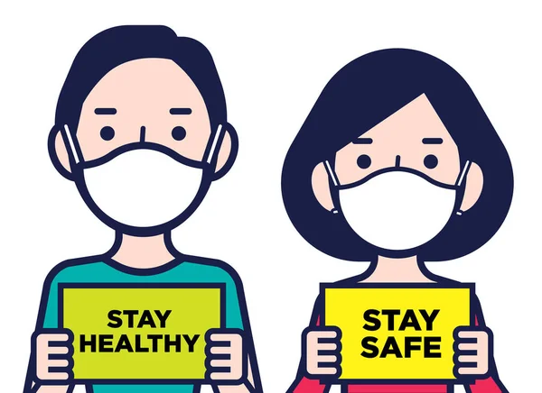 Coronavirus Disease Public Awareness Žena Muž Ochrannými Chirurgickými Maskami Stay — Stockový vektor
