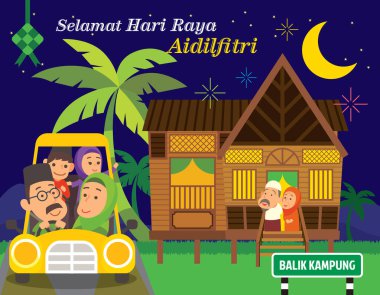 Selamat Hari Raya Aidilfitri. Müslüman aile, geleneksel Malay köyü evinde Müslüman festivalini kutlamak için büyükbabasıyla buluşmak üzere arabayla memlekete döndü. Çeviri: eve dön 