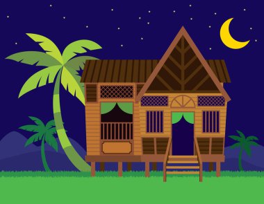 Geleneksel Malezya köyü evi / Rumah Kampung Melayu ve hindistan cevizi ağaçları - vektör illüstrasyonu