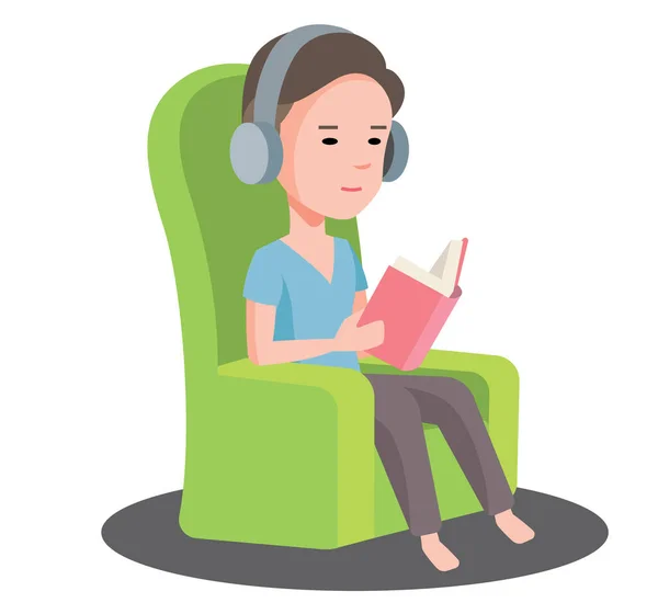 A young man stay at home and listen to the music with headset while reading a book. A man sitting on sofa reading book and listen to music - vector illustration