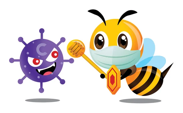 Cute bee wearing surgical mask to protect against coronavirus. Cute bee holding shield and honey dipper to fight coronavirus, covid-19 - Vector character