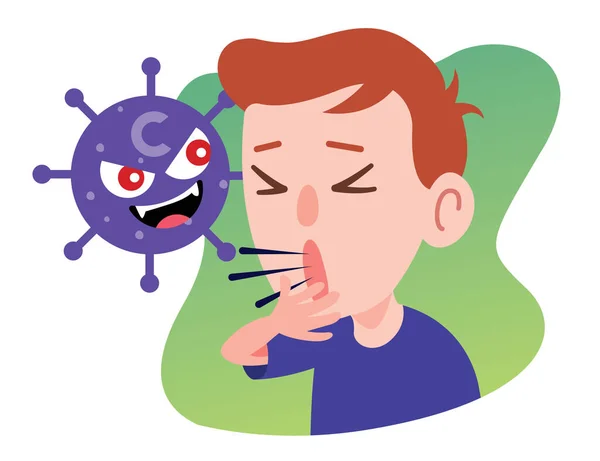 Cartoon Coronavirus Επιτίθεται Στο Αρσενικό Που Βήχει Σοβαρά Νεαρός Μολυσμένος — Διανυσματικό Αρχείο
