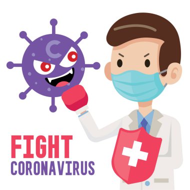 Coronavirus COVID-19 ile savaşın. Cerrahi koruyucu maske takan ve çizgi film karakteri ile savaşmak için kalkan tutan bir doktor. Coronavirüs salgını. Düz vektör illüstrasyonu