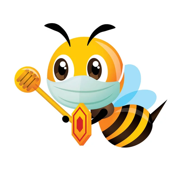 Cartoon Cute Bee Noszenie Chirurgicznej Maski Ochronnej Trzymając Tarczę Miód — Wektor stockowy