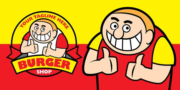 Affichage Magasin Hamburgers Avec Nom Magasin Dessin Animé Souriant Gros — Image vectorielle