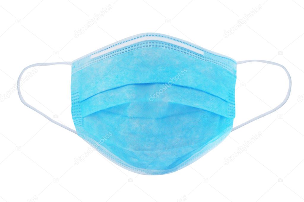 Medical use Surgical protective face mask to prevent coronavirus. Medical mask of blue colour for protection against flu and other diseases - image