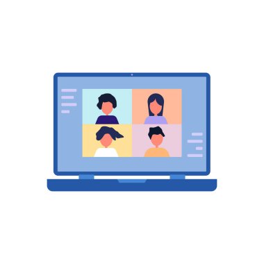 Meslektaşlar birbirleriyle bilgisayar ekranında konuşurlar. Konferans videosu, evden çalışıyor. vektör illüstrasyonu