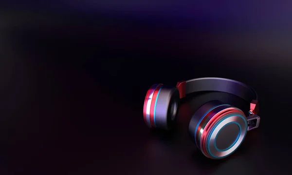 Kırmızı kulaklıklar pembe bir arka plan üzerinde yatıyor. Müzik. 3d render.