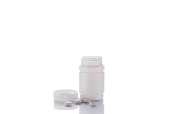 Vial Pills Stands Mirror Surface White Background Center Place Text — Stock Photo, Image