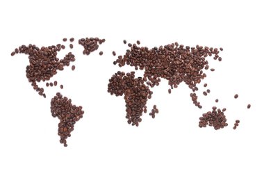 Beyaz izole edilmiş arka planda kahve çekirdekleri ile kaplı kıtaları olan dünya haritası..