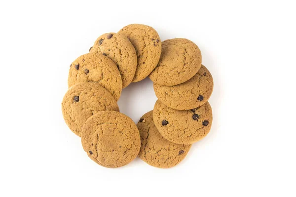 Zabpehely Cookie Csokoládéval Meghatározott Egy Kört Egy Elszigetelt Fehér Háttér — Stock Fotó