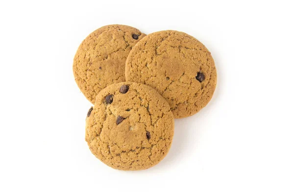 Három Zabpehely Cookie Csokoládé Chips Fehér Háttér Kilátás Felülről — Stock Fotó