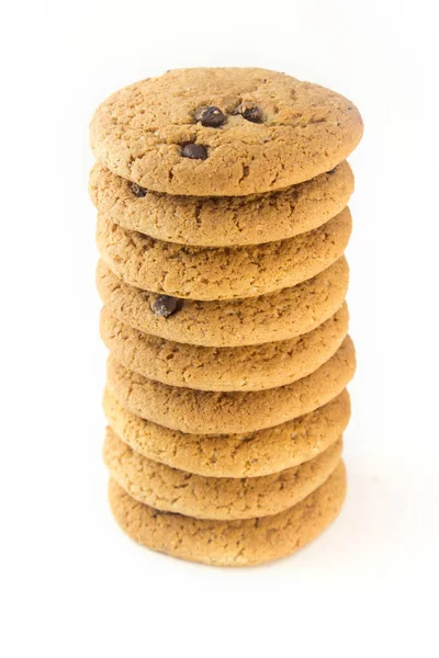 Torony Zabpehely Cookie Csokoládé Chips Halmozott Fehér Elszigetelt Háttér — Stock Fotó
