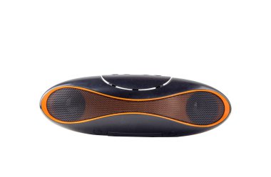 iki turuncu hoparlörlü stereo müzik hoparlörü beyaz izole bir arkaplanda.