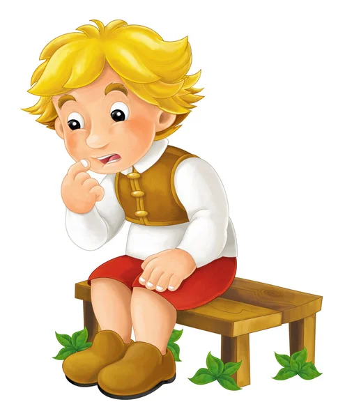 Γελοιογραφία σκηνή με αγόρι αγρόκτημα που κάθονται στο παγκάκι και σκέψης - απομονωμένη - εικονογράφησης για παιδιά — Φωτογραφία Αρχείου