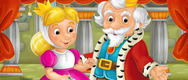 Cena dos desenhos animados do casal na sala do castelo - ilustração para crianças — Fotografia de Stock