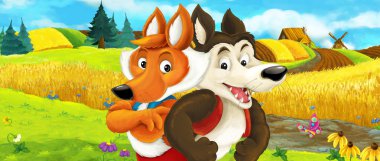 Çiftlik sahne - yaz sahne - kurt ve tilki tarım alanları ile - illüstrasyon çocuklar için çizgi film