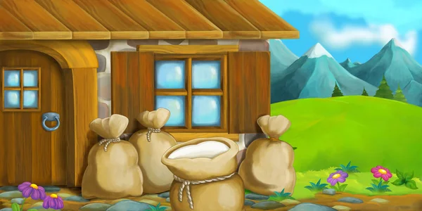 Cena de desenhos animados de casa de fazenda de madeira tradicional - ilustração para crianças — Fotografia de Stock