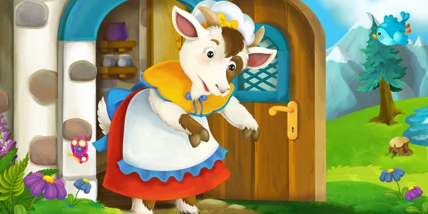 Cena de desenhos animados de cabra mãe na frente da casa da aldeia - ilustração para crianças — Fotografia de Stock