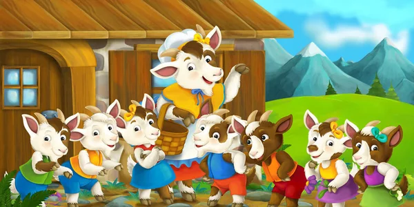 Cartoon scene with mother goat and her kids