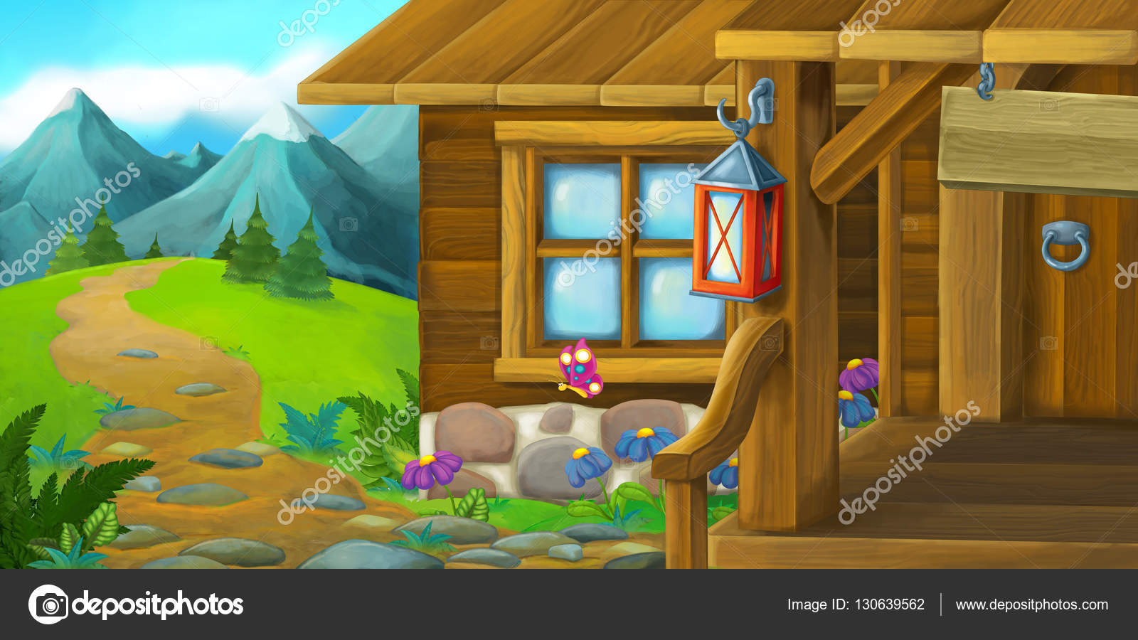 Cartoon background of an old house in the meadow - illustration for the  children Stock Photo by ©agaes8080 130639562