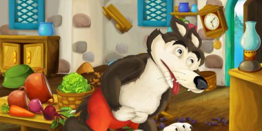 Mutlu çizgi film ve komik sahne eski stil mutfak ve overeaten kurt - için farklı kullanım - illüstrasyon çocuklar için